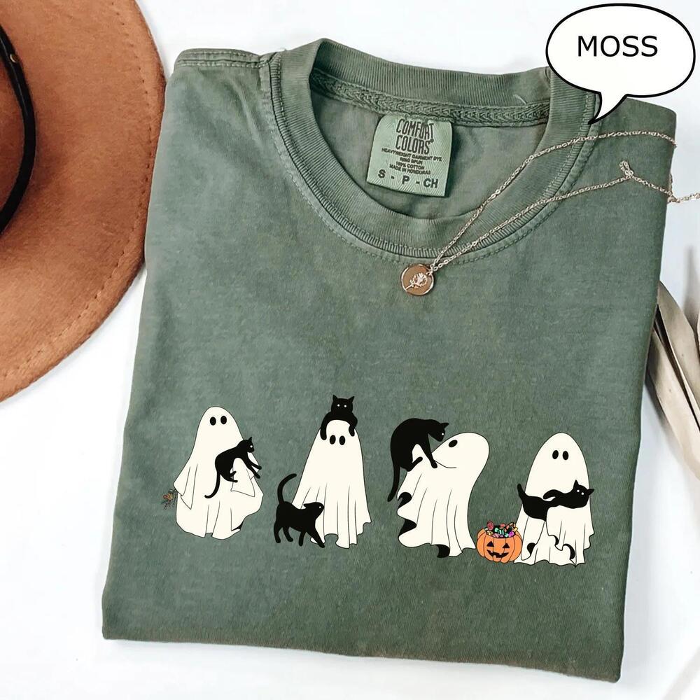 Ghost And Cat T-Shirt, Halloween Ghost Shirt, Halloween Cat Shirt